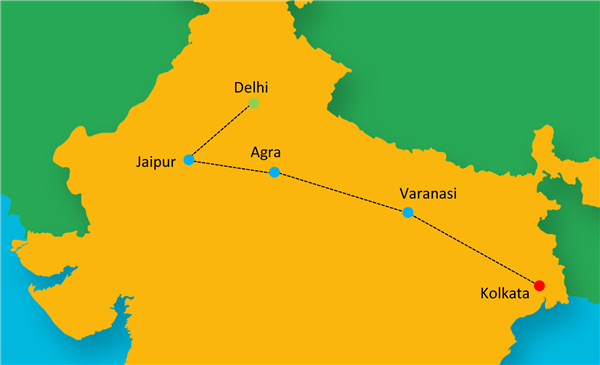 Golden Triangle with Varanasi & Kolkata Route Map