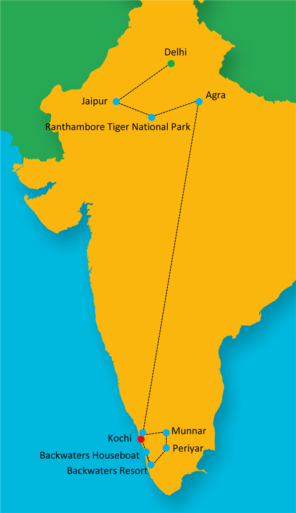 Golden Triangle with Ranthambore Tigers & Serene Kerala Route Map