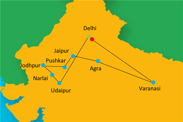 Luxury Rajasthan with Varanasi Route Map