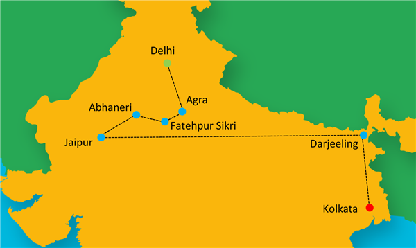 Golden Triangle with Darjeeling & Kolkata Map